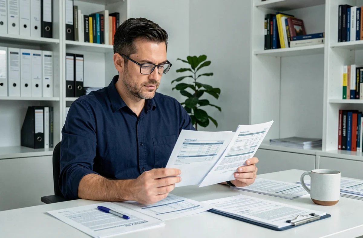 Homme comparant des devis d'assurance habitation sur papier dans un bureau à domicile
