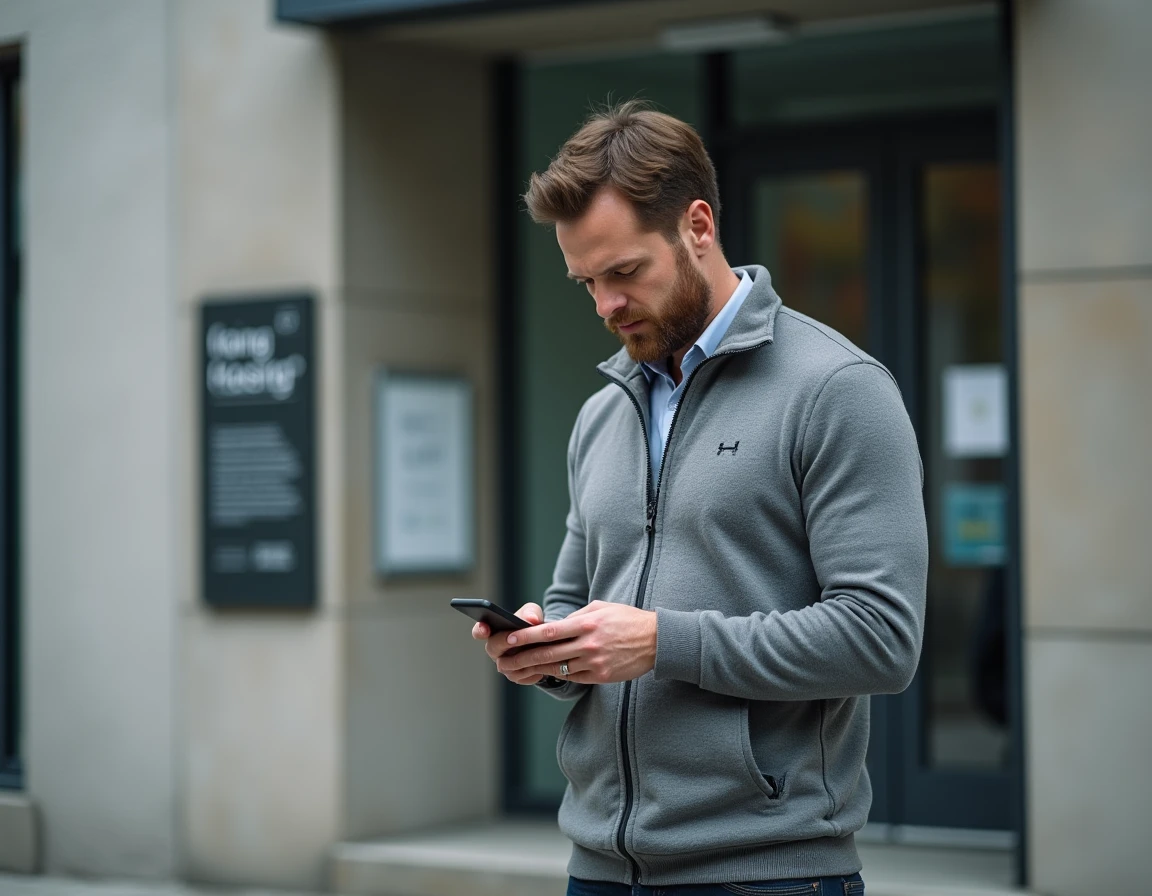 Homme comparant une annonce Loca avec une demande classique HLM devant un office de logement