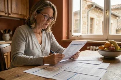 Femme comparant des offres d'assurance habitation à Rodez, documents étalés sur une table en bois dans un appartement français