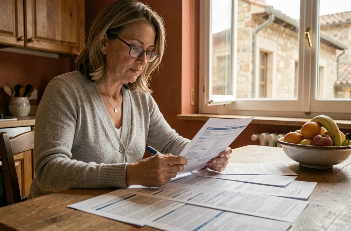 Femme comparant des offres d'assurance habitation à Rodez, documents étalés sur une table en bois dans un appartement français
