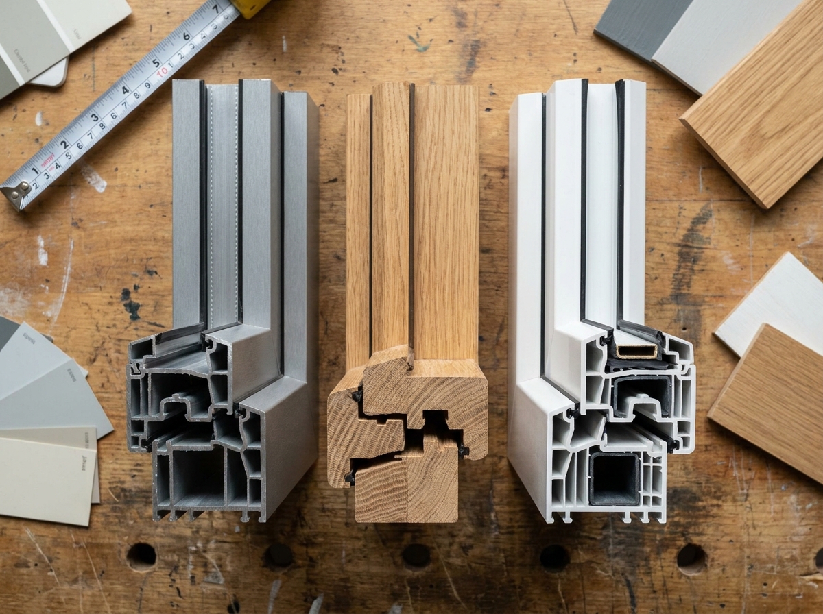 Comparatif d'échantillons de fenêtres en aluminium, bois et PVC sur un établi d'artisan