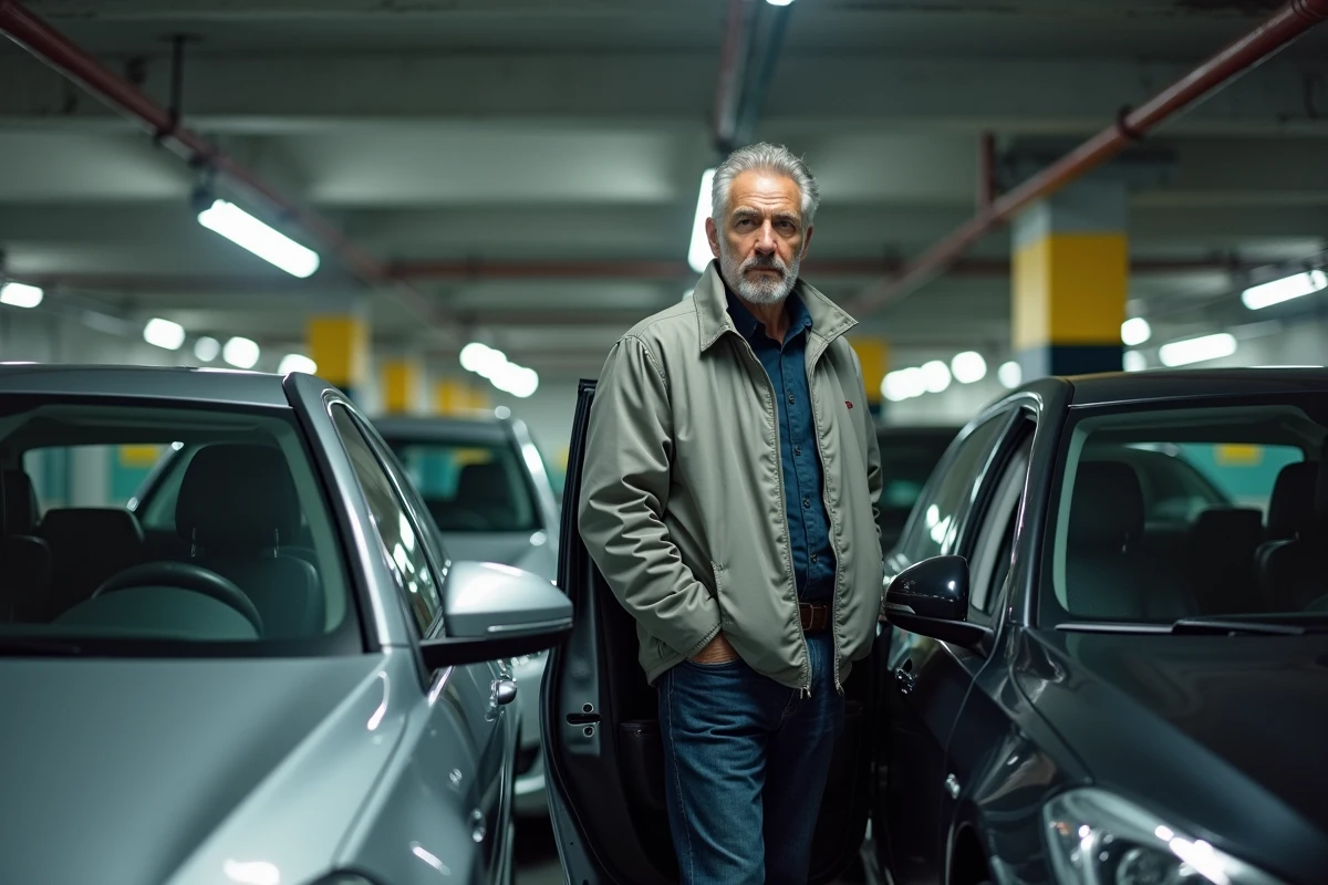 Homme adulte coincé entre deux voitures dans un parking souterrain aux places trop étroites, illustrant le manque de confort de manœuvre