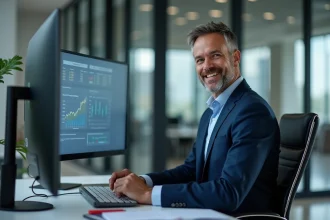Conseiller financier masculin analysant des tableaux de performance commerciale sur un écran dans un bureau moderne