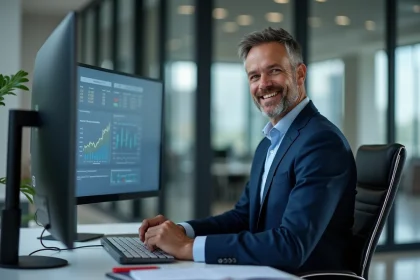 Conseiller financier masculin analysant des tableaux de performance commerciale sur un écran dans un bureau moderne