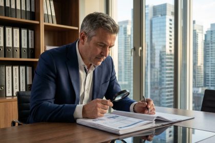 Consultant immobilier en costume bleu examinant des rapports