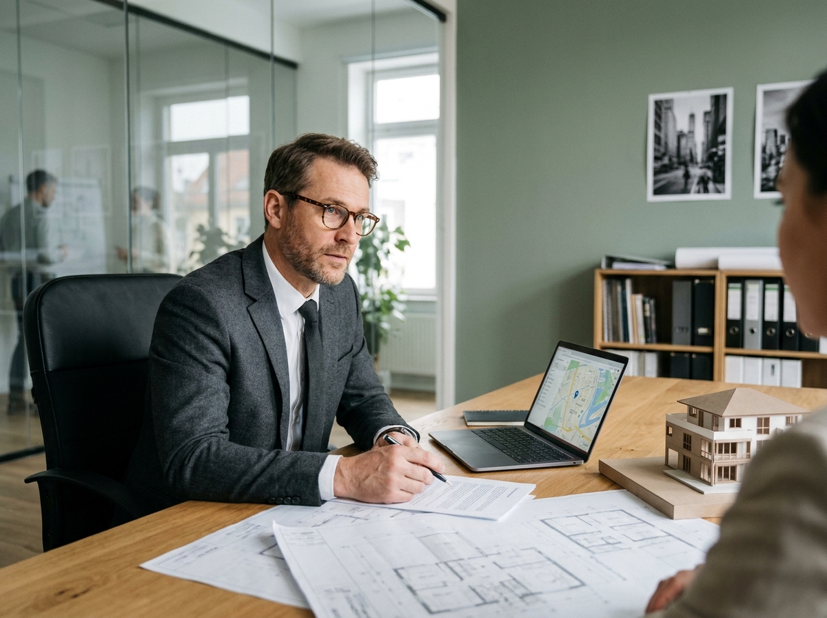 Consultant immobilier masculin analysant des plans de logements dans une agence immobilière moderne