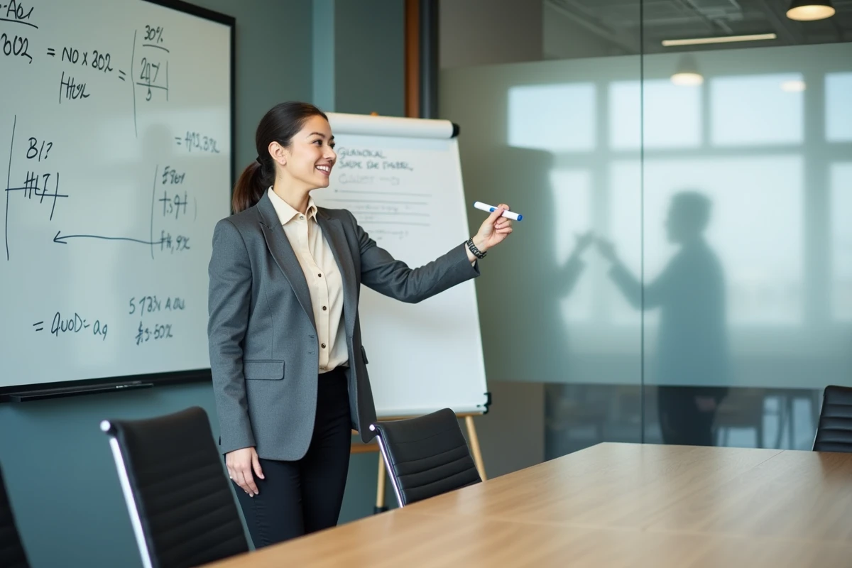 Consultante financière présentant des indicateurs de performance devant un tableau blanc en salle de réunion