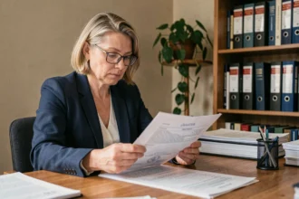 Femme consultant un registre foncier officiel pour trouver le propriétaire d'une adresse