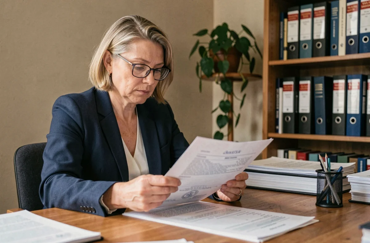Femme consultant un registre foncier officiel pour trouver le propriétaire d'une adresse