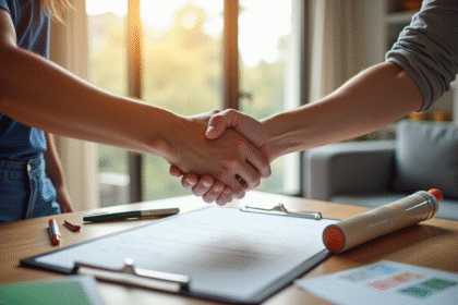 Échange de contrat entre entrepreneur et propriétaire dans un salon lumineux