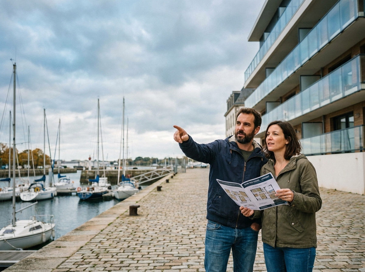 Couple de futurs acheteurs observant un immeuble résidentiel moderne en bord de port à Lorient