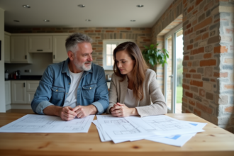 Couple en intérieur examinant des plans architecturaux modernes