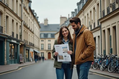 Jeune couple consultant une annonce immobilière dans une rue résidentielle de Saint-Germain-en-Laye