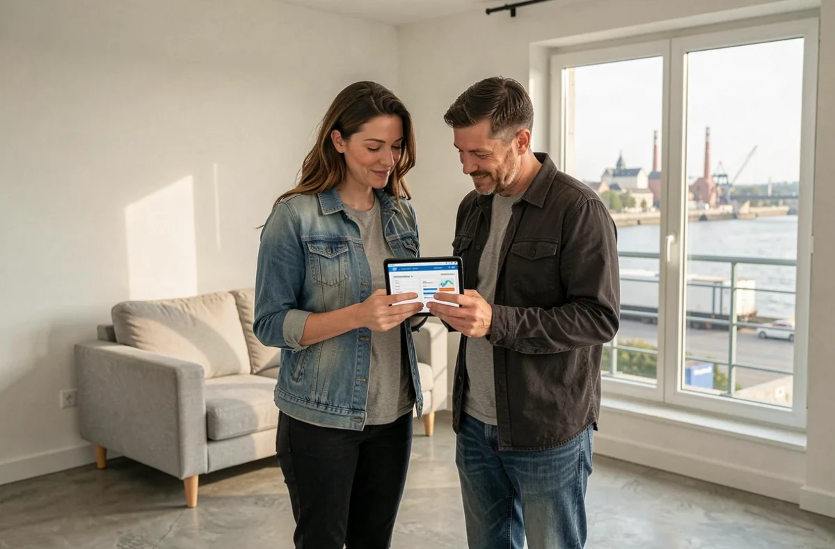 Couple consultant une comparaison d'assurances habitation sur tablette dans un appartement moderne avec vue sur la Seine à Rouen