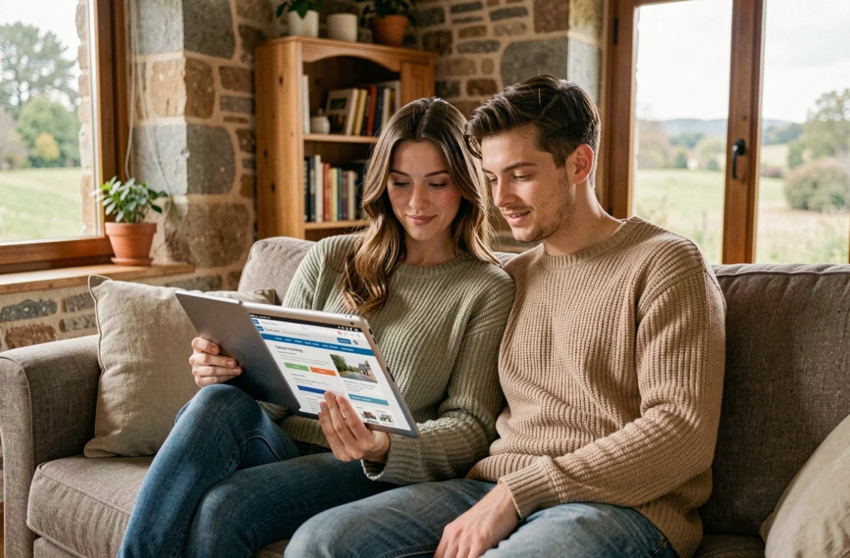 Jeune couple consultant une comparaison d'assurances habitation sur tablette dans un intérieur de maison à Rodez