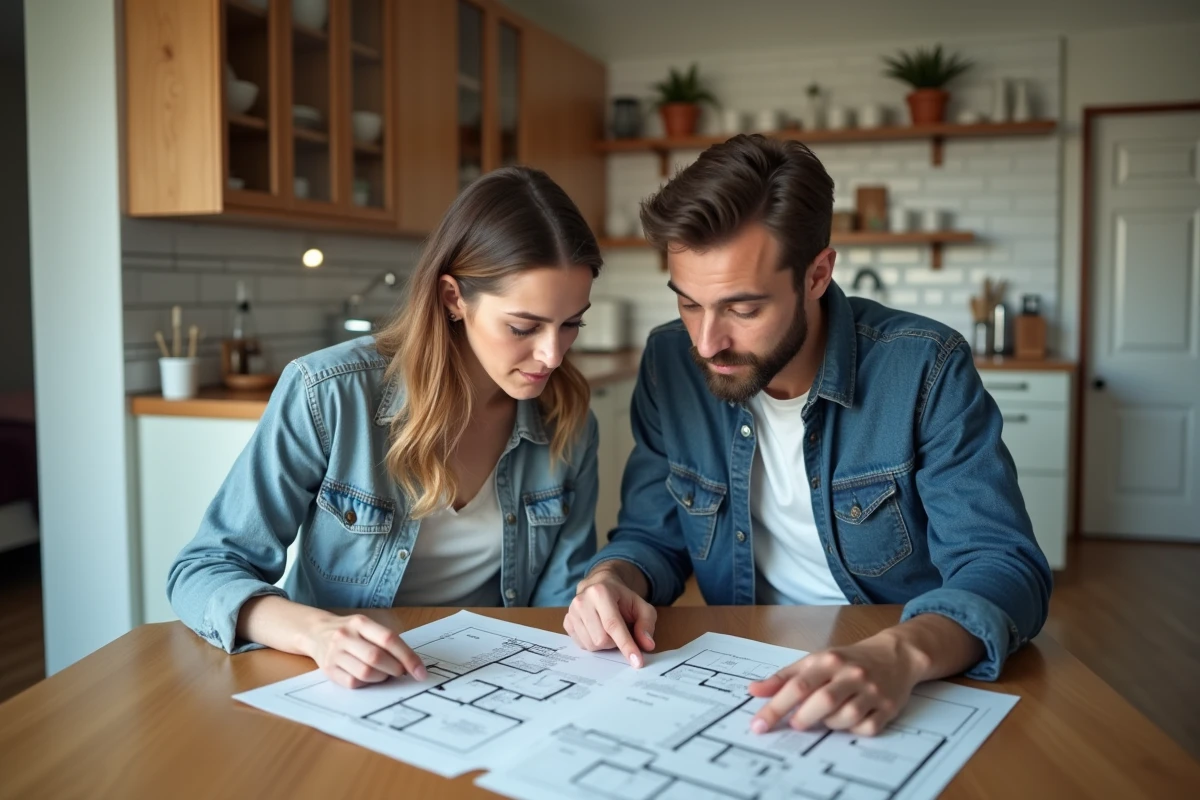 Couple comparant des plans de studio, T1 et T2 sur une table dans la cuisine d'un appartement