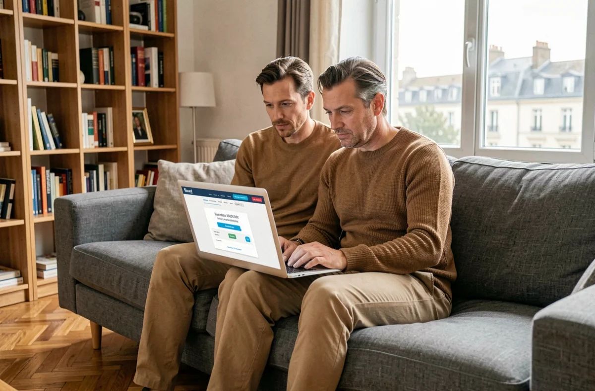 Couple comparant des tarifs d'assurance habitation en ligne dans leur appartement à Caen