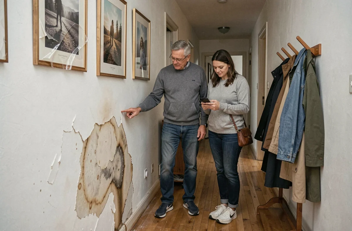Couple constatant des dégâts des eaux sur le mur de leur appartement