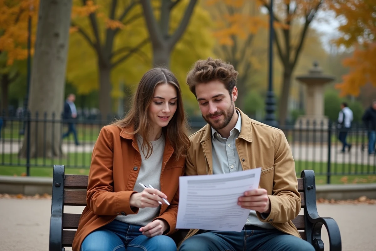 Couple étudiant les démarches de la demande de logement social dans un parc parisien