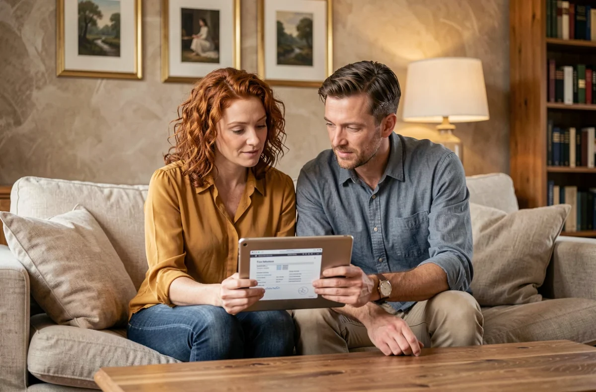 Couple consultant un devis d'assurance habitation sans engagement sur une tablette dans leur salon