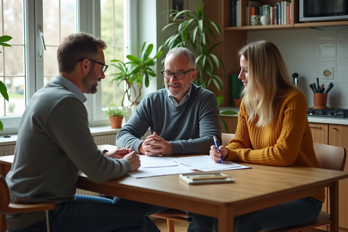 Couple discutant de prêt immobilier avec conseiller à la maison