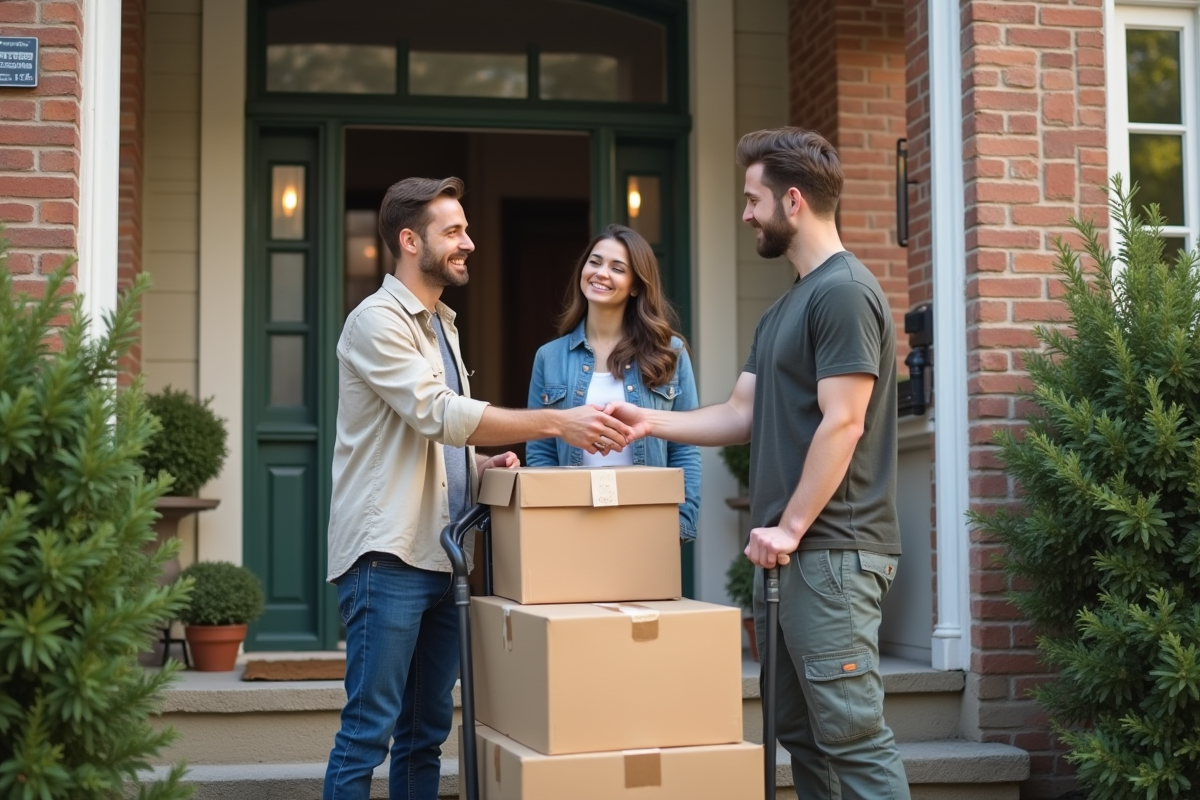 Jeune couple remet une enveloppe à un déménageur devant la maison