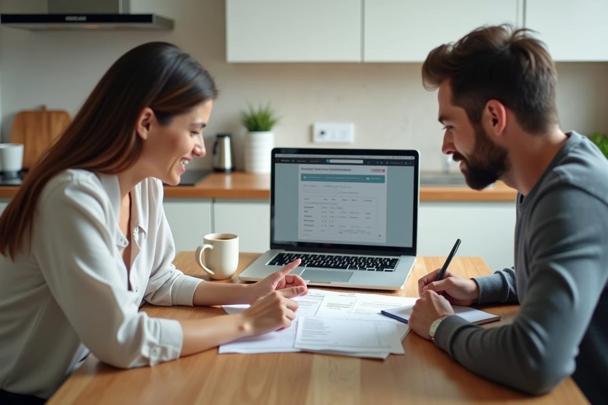 Couple de propriétaires consultant ensemble un portail de gestion immobilière en ligne depuis leur cuisine