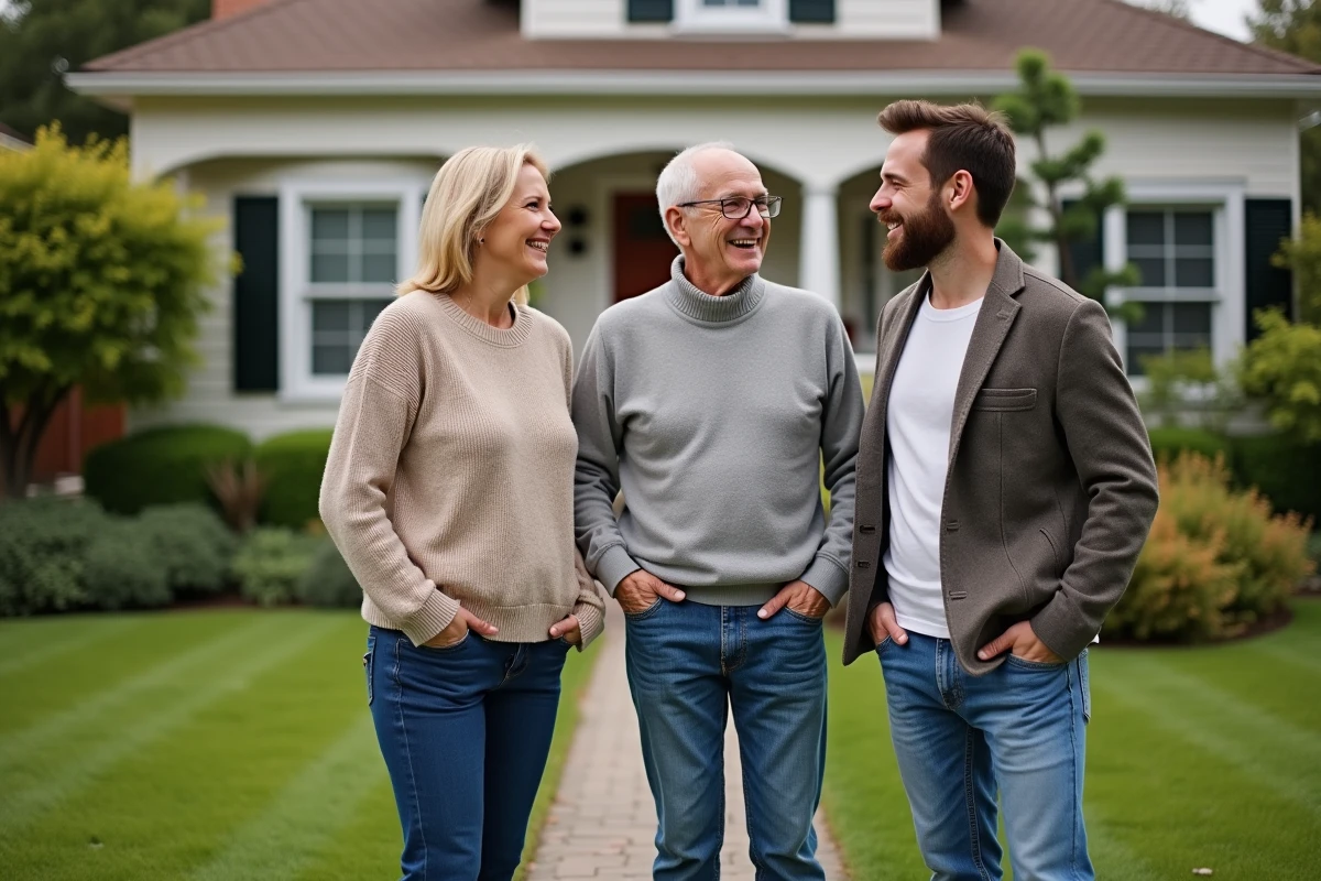 Couple détendu avec agent immobilier devant maison