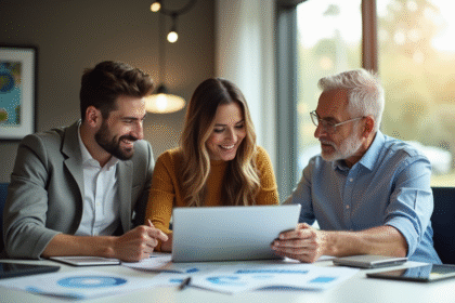 Jeune couple et investisseur comparant options immobilières