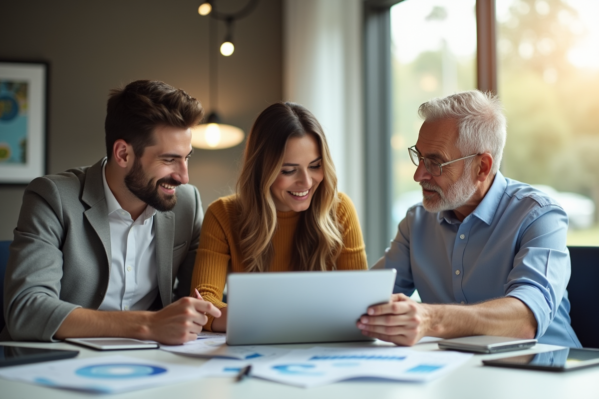 Jeune couple et investisseur comparant options immobilières