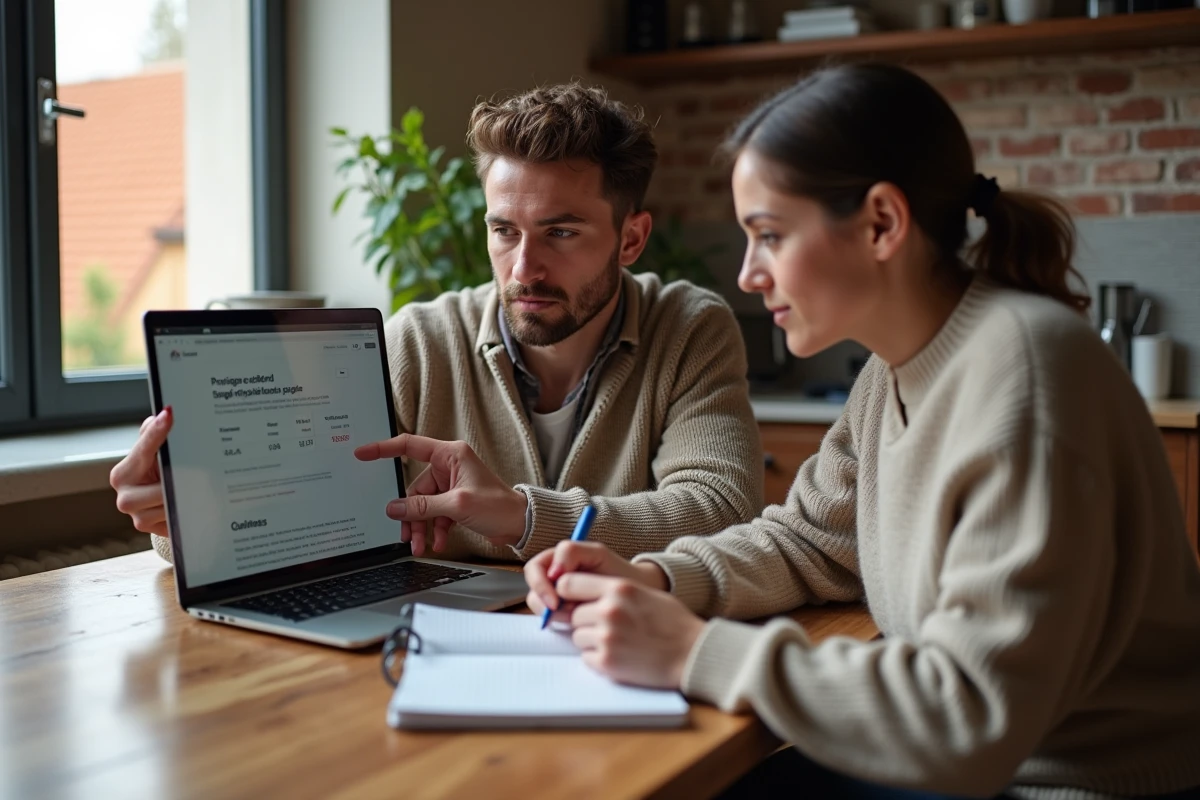 Couple d'investisseurs consultant une estimation de loyer en ligne sur ordinateur portable dans un appartement lyonnais