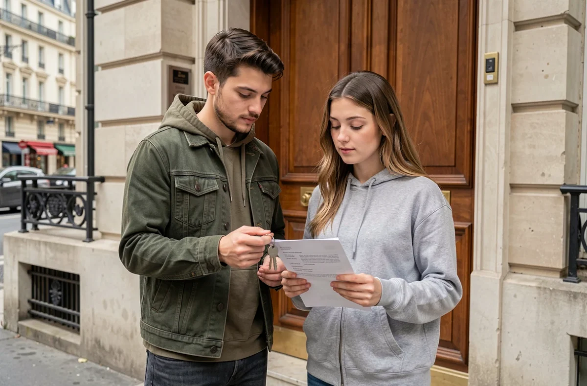 Couple de locataires tenant un contrat de bail devant un immeuble parisien avant de souscrire une assurance