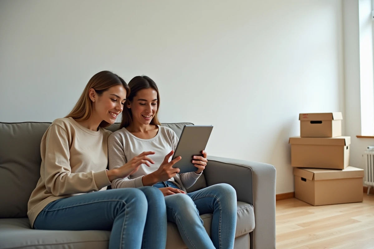 Couple de nouveaux locataires consultant des informations sur la loi de bail locatif sur une tablette dans un appartement vide