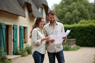 Couple de locataires devant une maison normande traditionnelle en Seine-Maritime avec documents de location