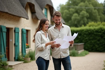 Couple de locataires devant une maison normande traditionnelle en Seine-Maritime avec documents de location