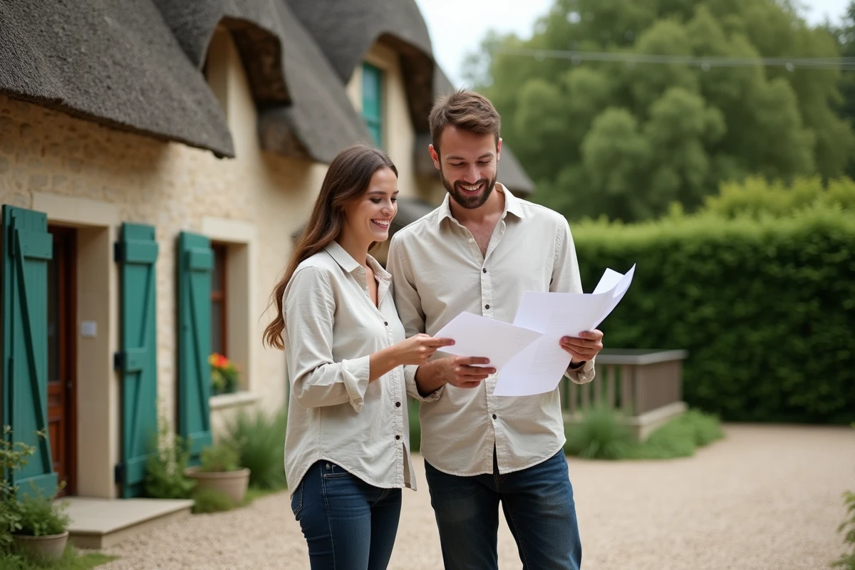 Couple de locataires devant une maison normande traditionnelle en Seine-Maritime avec documents de location