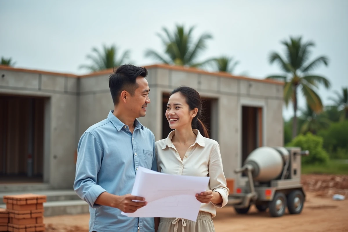 Couple thaïlandais examinant les plans de leur future maison en construction dans une région rurale du nord de la Thaïlande