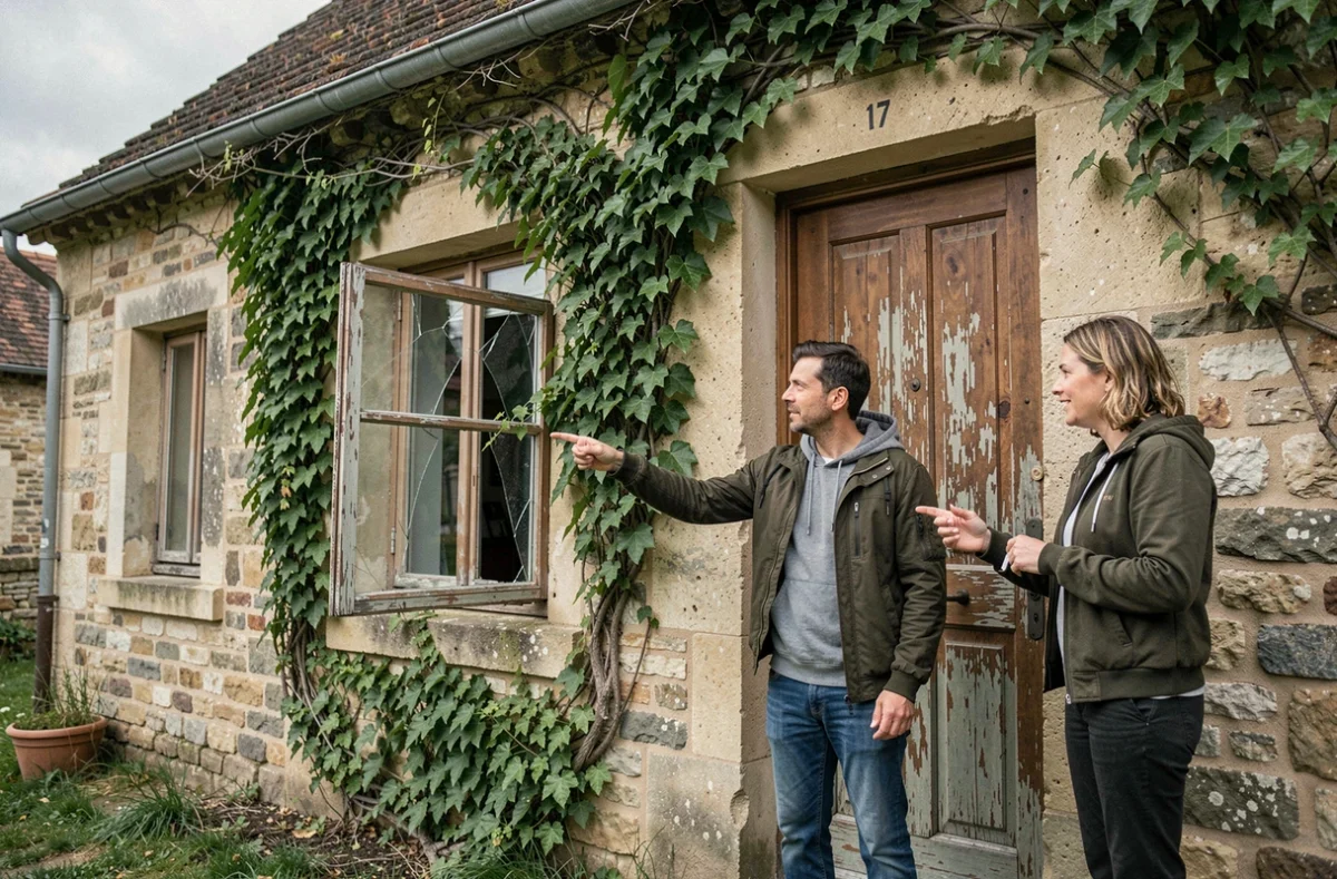 Couple devant leur maison avec une fenêtre endommagée couverte par l'assurance multirisque habitation