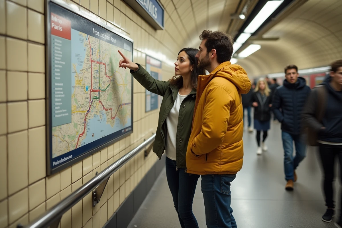 Couple consultant un plan de métro dans une station parisienne, vivre sans voiture grâce aux transports en commun