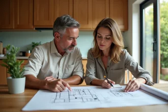 Couple étudiant des plans d'agrandissement de maison avec des documents de prêt travaux sur une table en bois