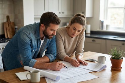 Couple en cuisine examinant des plans de construction