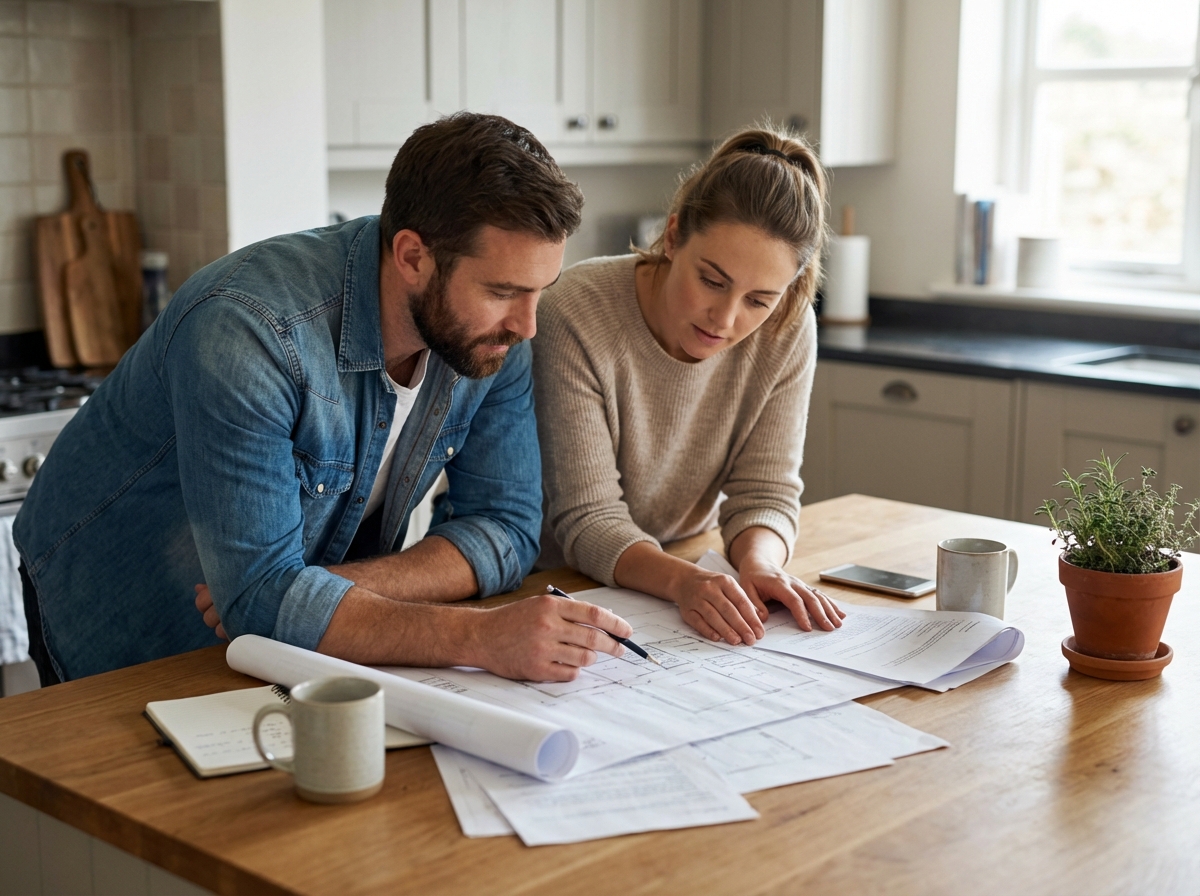 Couple en cuisine examinant des plans de construction