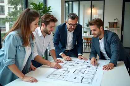 Couple discutant d'un achat immobilier sur plan avec un promoteur autour de plans architecturaux dans une agence moderne