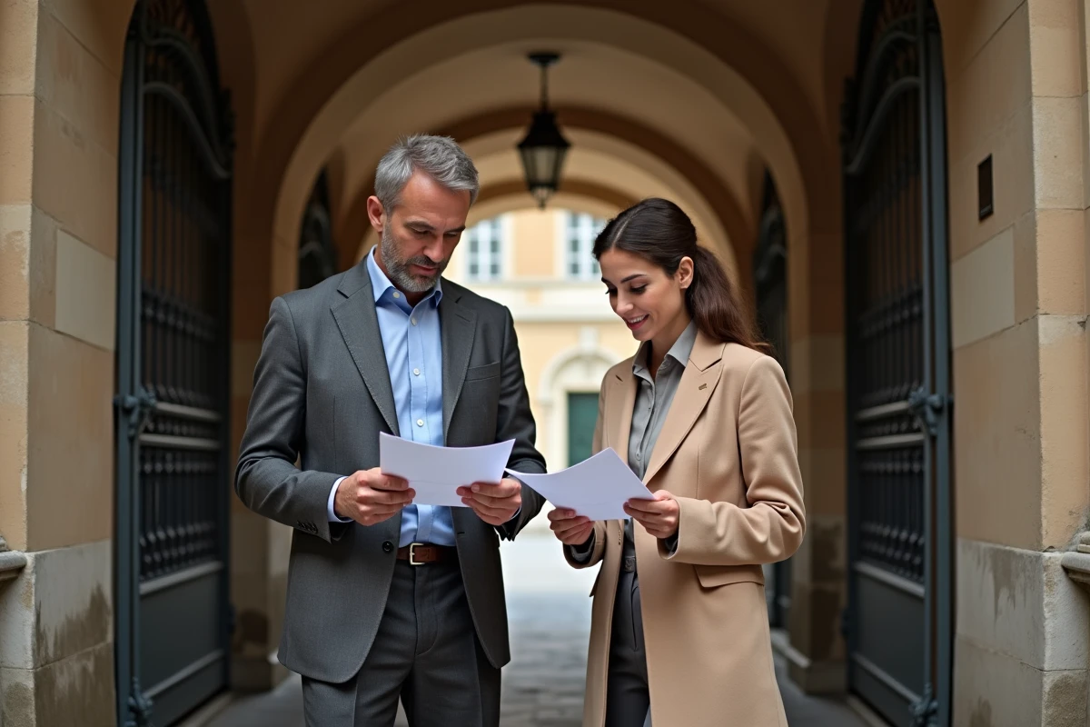 Couple étudiant des documents immobiliers à l'entrée d'une traboule lyonnaise avec architecture en pierre historique