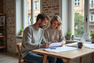 Couple français examine des plans de rénovation dans un appartement lumineux