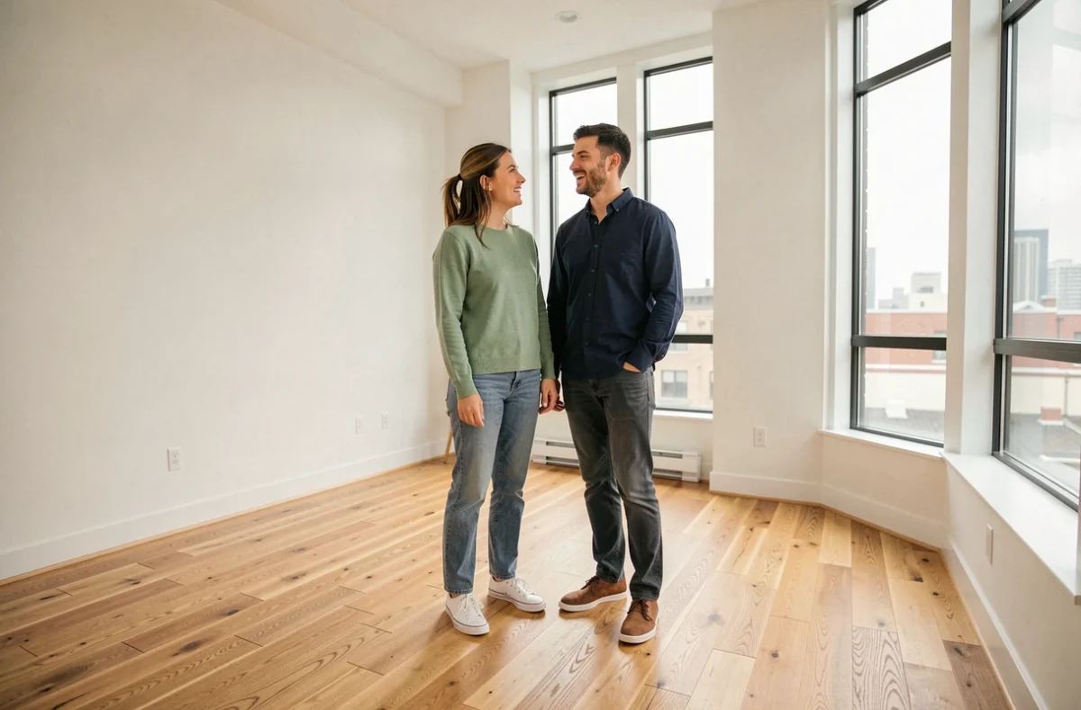 Couple visitant un appartement vide avec enthousiasme lors d'une première visite immobilière