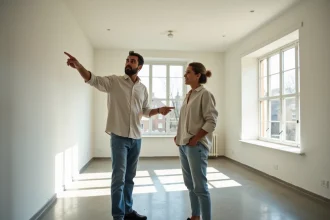 Couple visitant un appartement T3 vide lors d'un premier achat immobilier
