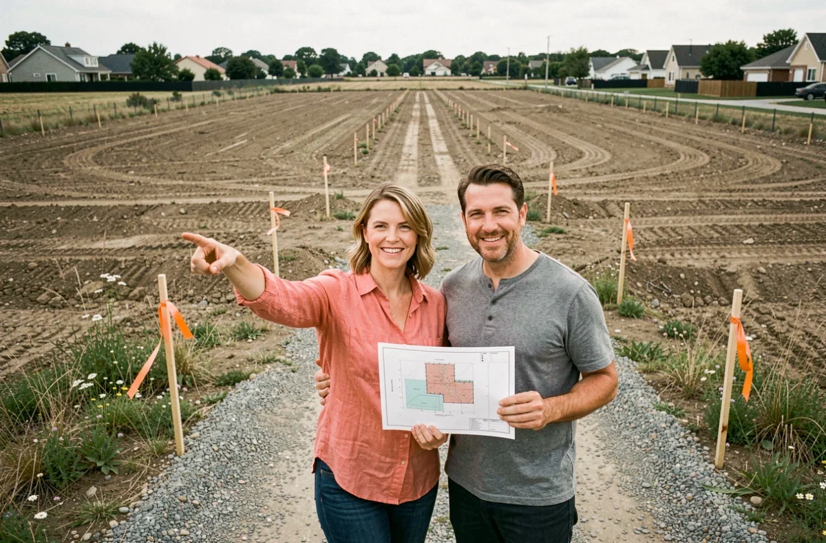 Couple visitant un terrain de 100 ares soit 10 000 m² pour construire une maison familiale en zone péri-urbaine