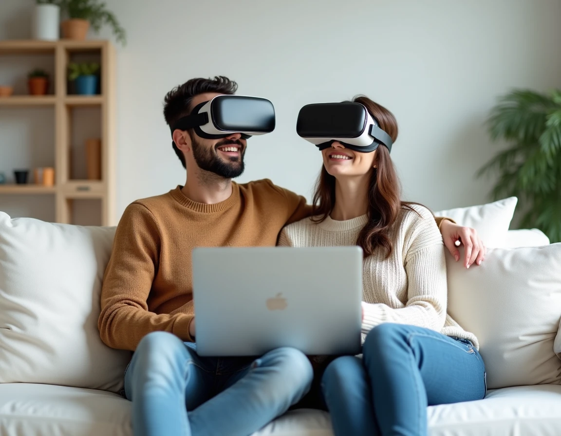 Couple explorant une visite virtuelle immobilière 360 avec des casques VR dans un intérieur scandinave