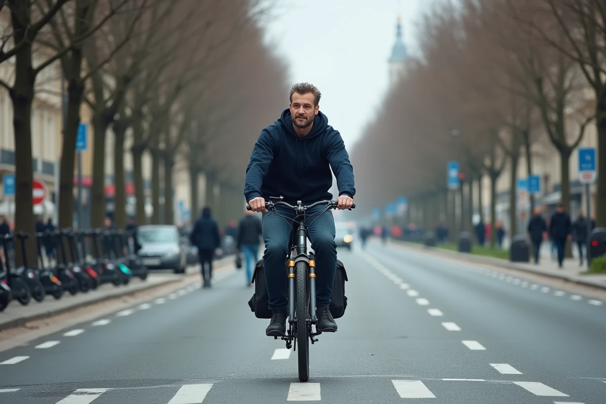 Cycliste urbain sur une piste cyclable d'un boulevard parisien, mode de vie sans voiture en Île-de-France